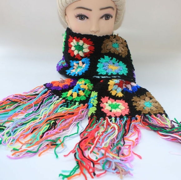 Black & Multicolor Granny Square Crochet Scarf - Picture 6 of 13